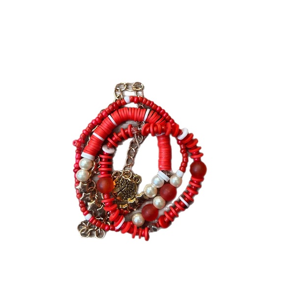 Cute Red Star & Pearl Braclet Set Beaded And Chain Adjustable Braclets For Teen - Picture 3 of 5
